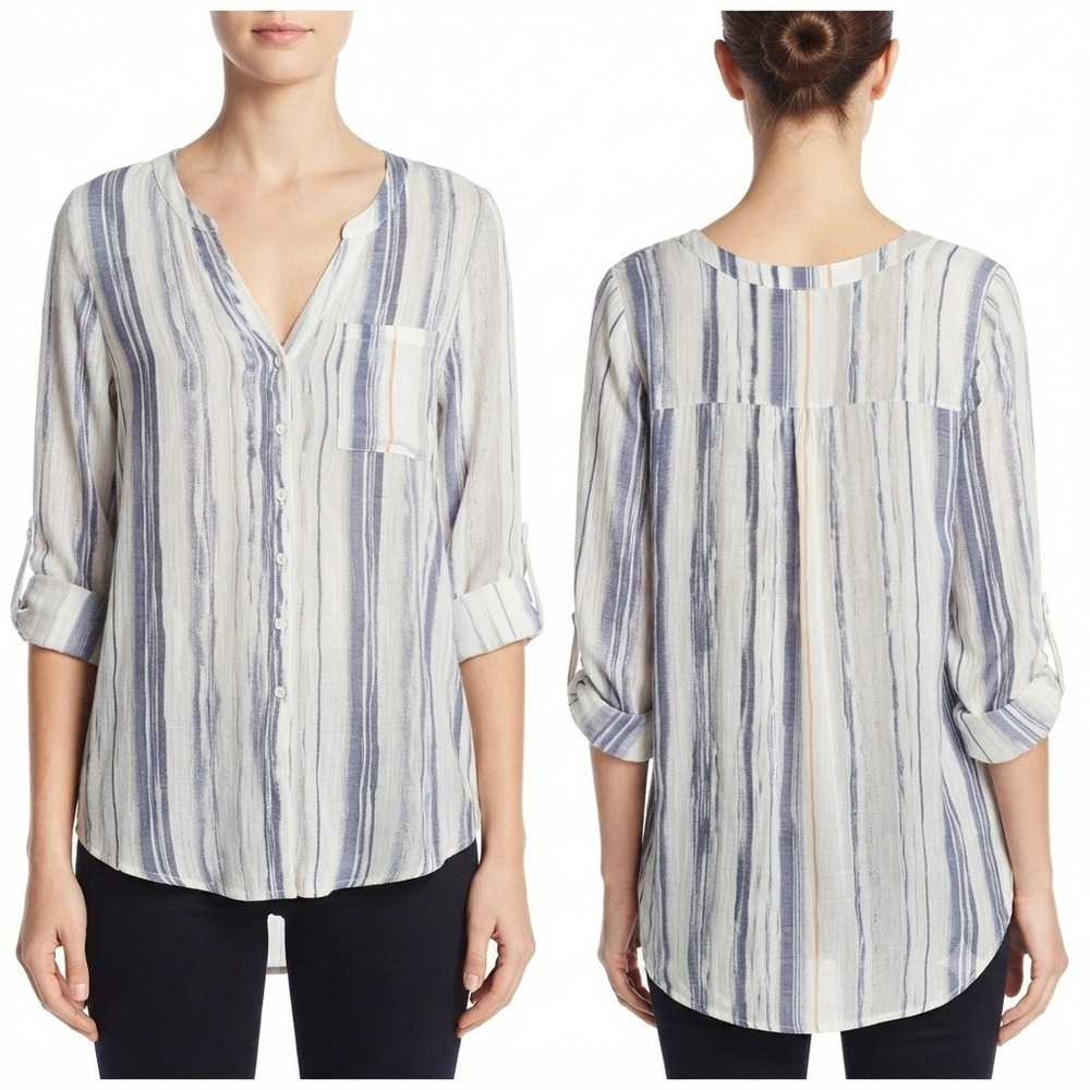 Zac & Rachel Blouse Womans 2X Blue Striped‎ Button Up Roll Tab Sleeve Gauze Top